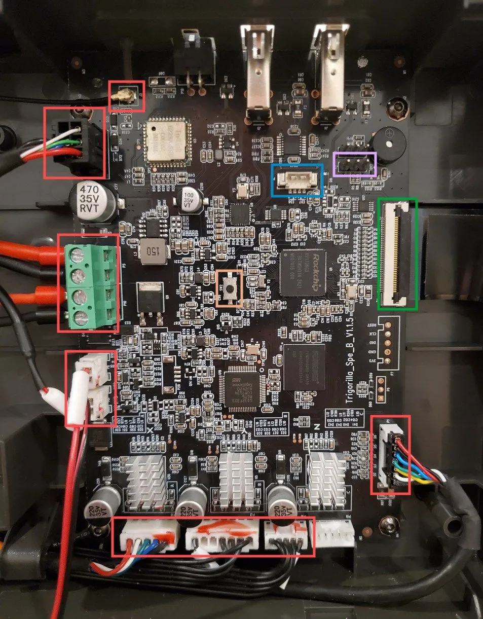 Mainboard with cables to disconnect highligted in a red box